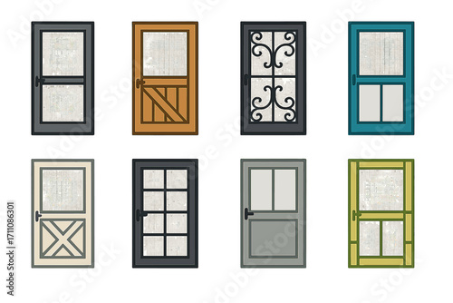 Doors silhouette icon set. featuring screen, security, glass, wood, steel, modern, farmhouse, and traditional designs