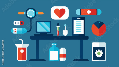 Biohacking Tools A table filled with various innovative gadgets like wearables supplements and testing kits symbolizing the concept of optimizing health and performance.