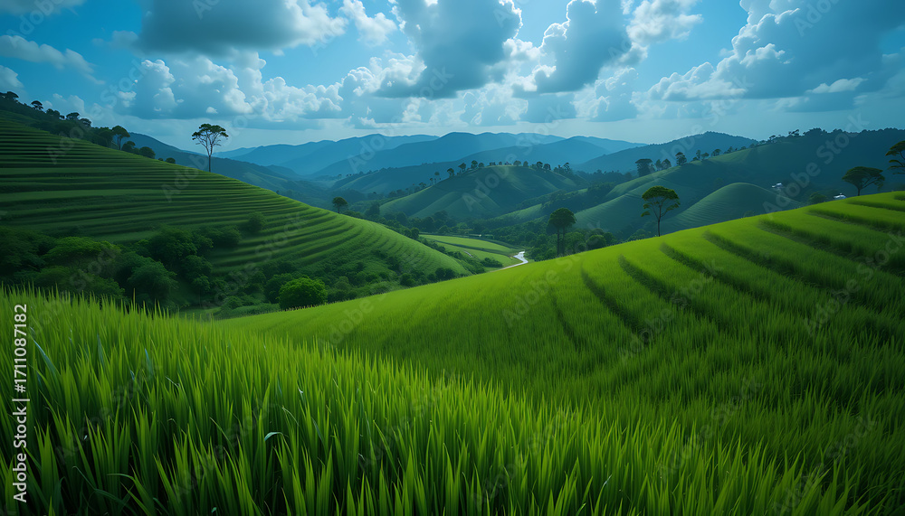 Fototapeta premium Lush Green Terraced Hills Under a Cloudy Sky.