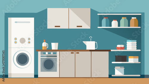 A laundry room with white cabinets and open shelving. A wooden countertop serves as a folding station.