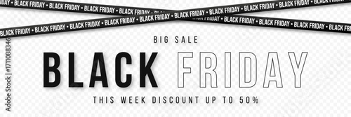 Black Friday ribbons. Crossed black ribbons and tapes with text on a transparent background. Black Friday big sale banner with text. Vector