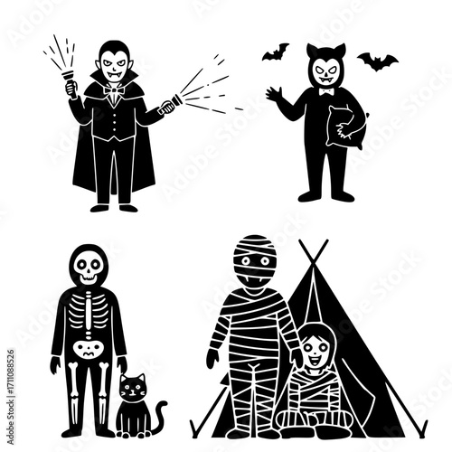Mini set of vectors: Characters in Halloween-themed costumes celebrating at the camp