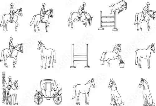 Linear horse icon set featuring rider, jumping, feeding, carriage, and sitting horse symbols

