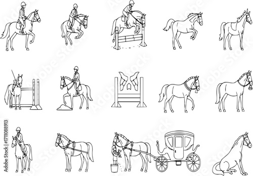 Linear horse icon set featuring rider, jumping, feeding, carriage, and sitting horse symbols
