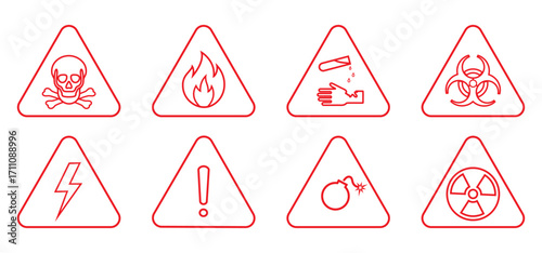 Industrial hazard vector icon set includes danger, toxic, radiation, flame, biohazard, caution, Explosive, chemical, high voltage electricity symbols (workplace safety in red outline style)