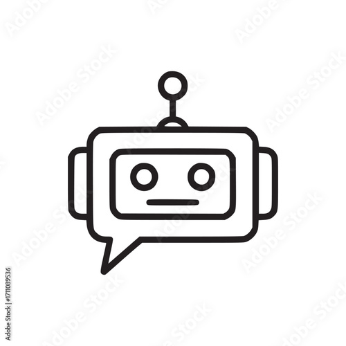 Illustration of a robot head with a speech bubble the robot has a square head with rounded corners, two eyes, and a mouth there is an antenna on top of the head, and the speech bubble is coming out of