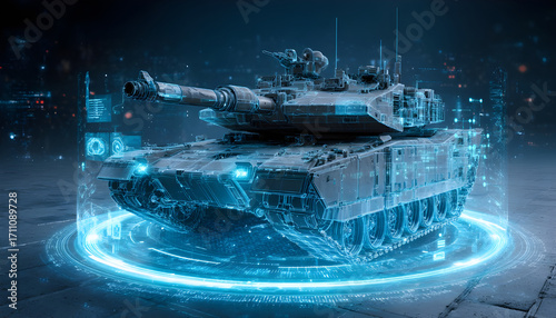 Wallpaper Mural A high-tech armored tank with a glowing digital interface and futuristic holographic display represents modern military innovation. Concept of advanced defense systems Torontodigital.ca