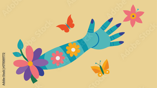 FlowerInfused Arm A prosthetic arm decorated with colorful flowers and butterflies reminiscent of a serene garden encouraging children to play and explore nature.