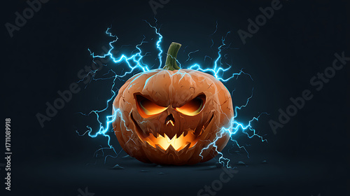 Eerie glowing pumpkin with menacing face and electric bolts, set against a dark background