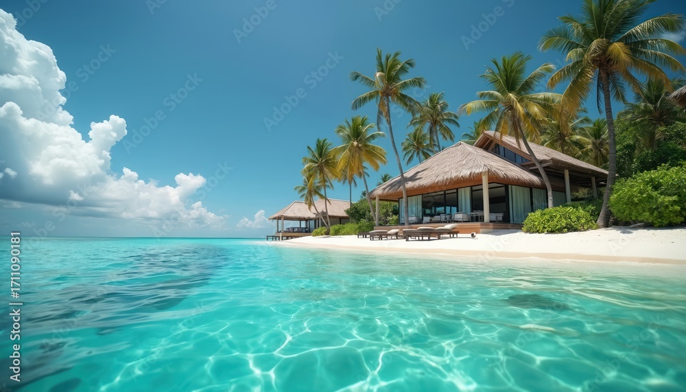 Naklejka premium Luxury bungalows with thatched roofs stand on white sand beach. Calm turquoise ocean water laps shore. Tall green palm trees, bright blue sky, white clouds create beautiful tropical island paradise.