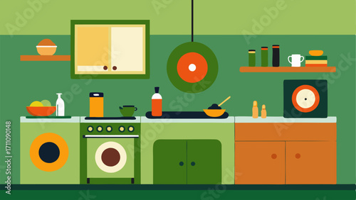 A kitchen with avocado green walls orange cabinets and a vinyl record player on the counter.