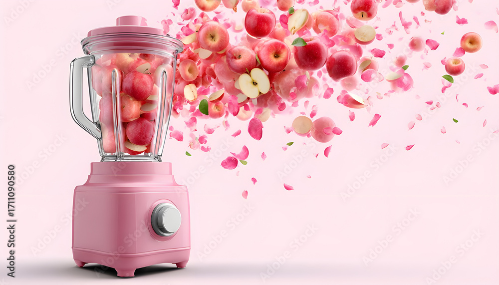 Fototapeta premium Pink blender filled with apples preparing healthy smoothie on transparent background