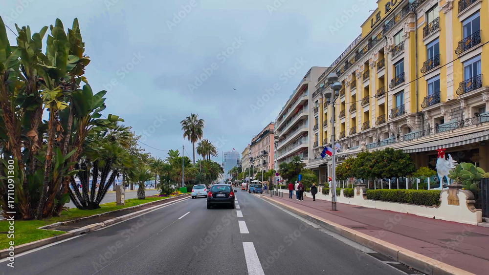Obraz premium French Riviera. Promenade des Anglais in Nice, Provence-Alpes-Cote d'Azur, France 27 February 2025. 