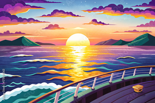 Vector of summer cruise vacation concept featuring a panoramic ocean view with a radiant sunset just above the horizon, perfect for tourism themes, creative artwork