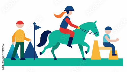 Equestrian Event An athlete with a disability riding a horse through a show jump course wearing a helmet with a guide running alongside for support showcasing the bond with the