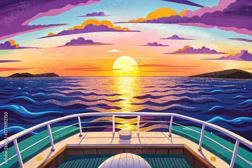 Vector of summer cruise vacation concept featuring a panoramic ocean view with a radiant sunset just above the horizon, perfect for tourism themes, creative artwork