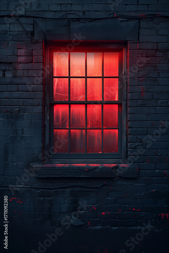 Red light emanates from a window at night