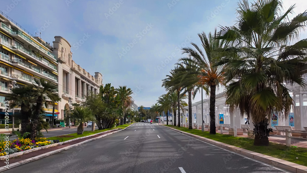 Obraz premium French Riviera. Promenade des Anglais in Nice, Provence-Alpes-Cote d'Azur, France 27 February 2025. 