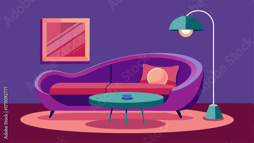 A lounge area with a curved velvet sofa a glass coffee table and a floor lamp with a futuristic design.