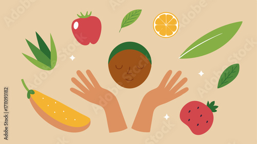 Botanicals Power A hand illustrating a variety of natural ingredients like cucumber aloe vera and berries positioned around an outline of a face implying their rejuvenating