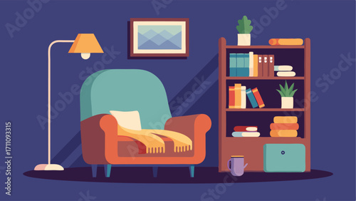 A quaint reading nook with a plush armchair a builtin bookshelf and a cozy throw blanket.