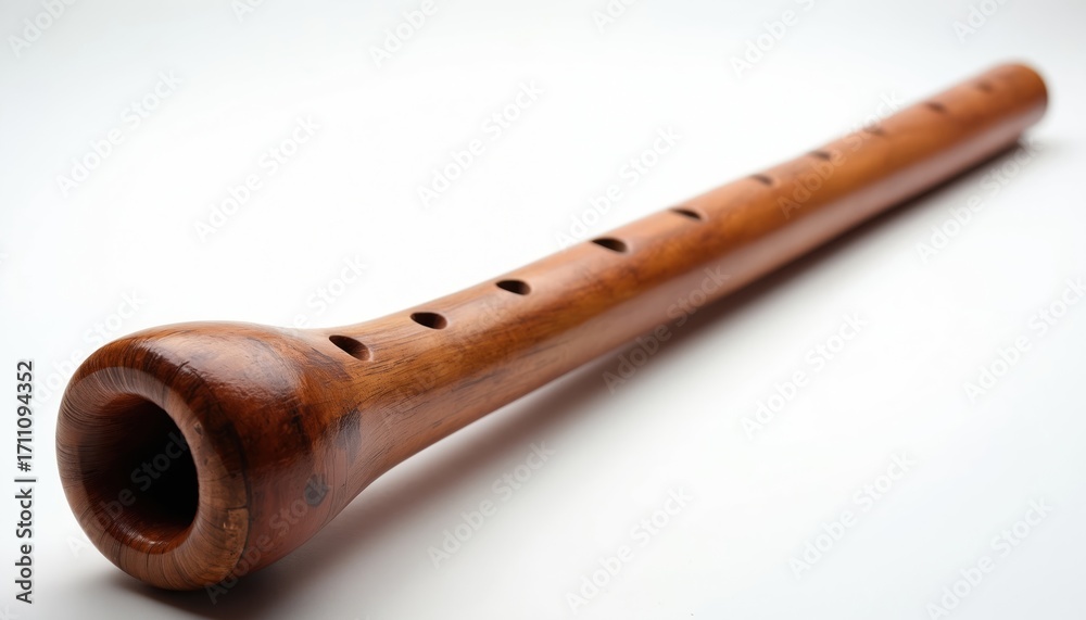 Fototapeta premium Traditional Australian Aboriginal wooden didgeridoo instrument on white background. Handmade hollow tube with holes for sound production. Cultural heritage symbol, ethnic music, unique craftsmanship,