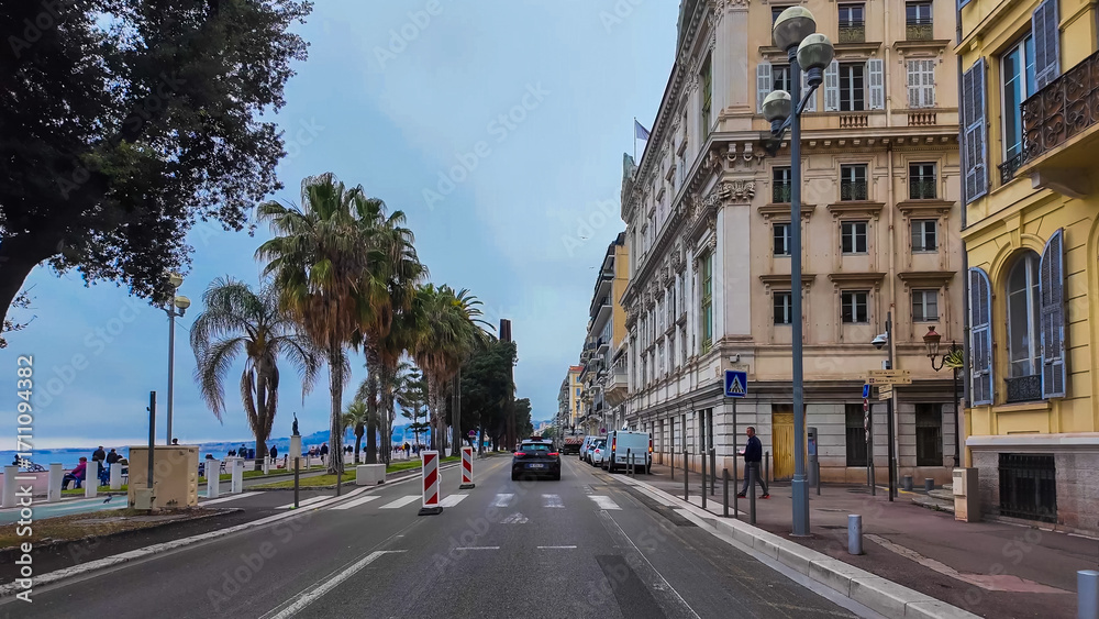 Fototapeta premium French Riviera. Promenade des Anglais in Nice, Provence-Alpes-Cote d'Azur, France 27 February 2025. 