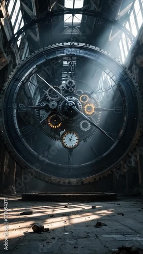 Intricate antique clock with exposed gears in sunlit industrial space