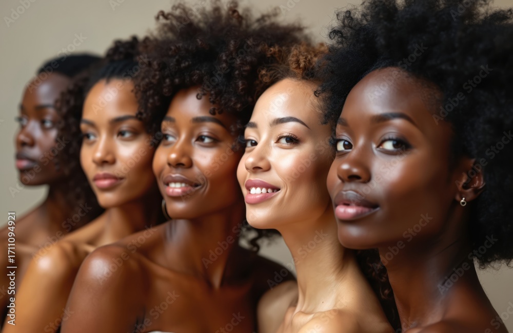 Obraz premium Five diverse women with varying skin tones and hair textures pose closely together. Their faces show natural beauty and smiles, representing unity and friendship.