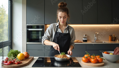Young woman prepares food in modern kitchen. Stirs ingredients in pan on induction cooktop. Fresh vegetables on counter. Domestic scene features contemporary appliances, natural light from large
