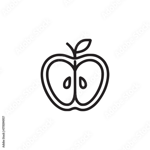 Illustration of a halved apple with seeds, this simple line art icon represents healthy eating, fruit, and organic food in a minimalist design