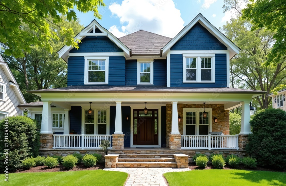Obraz premium Beautiful two story blue home with white trim, stone foundation. Covered porch, many large windows make inviting. Green lawn, manicured shrubs, rich trees surround family property in suburban