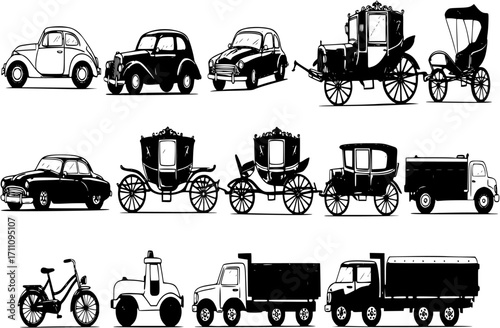 Set of vintage car and bicycle vector icons with retro toy trucks, classic autos, and antique horse carriages
