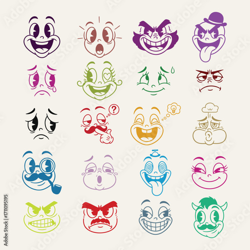 Cartoon emoji faces vector set, colorful retro rubber hose expressions