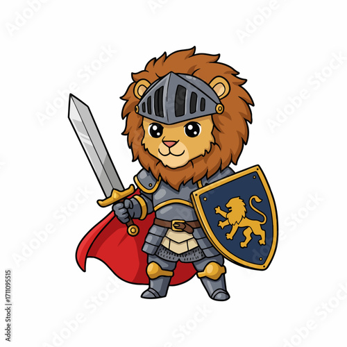 A cute cartoon lion knight wearing armor, holding a sword and shield, ready for battle.