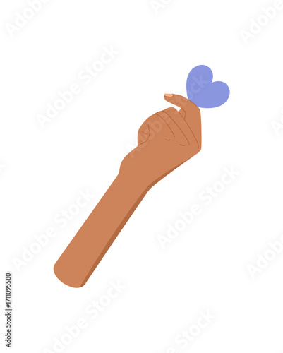 Cartoon hand holding heart symbol sticker. Compassionate gesture representing support, love, and hope. Flat style concept for charity, aid, and community, ideal for posters banners.