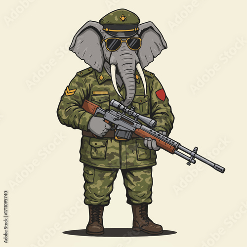 An anthropomorphic elephant dressed in a military uniform, wearing sunglasses, and holding a rifle.