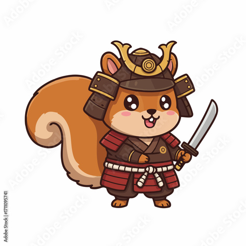A cute cartoon squirrel dressed as a samurai warrior, holding a sword.