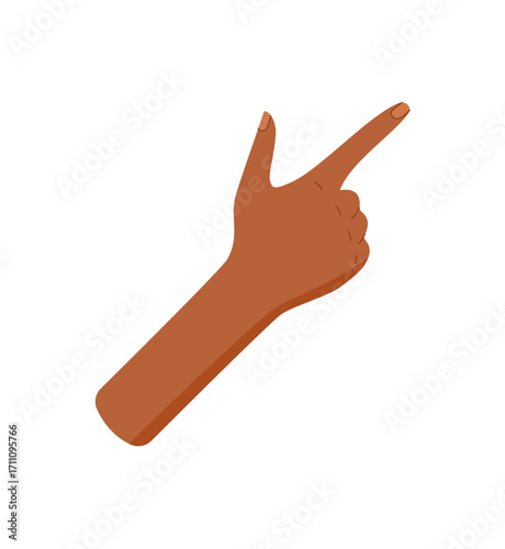 Flat brown hand gesture with two fingers raised sticker. Bare hand showing number two in a simple position. Isolated and clear expression of count and number, suitable for math visuals or educational