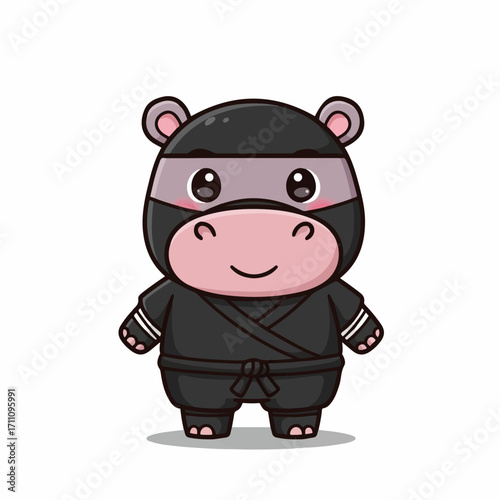 A cute cartoon hippopotamus dressed as a ninja, standing and smiling with its hands at its sides.