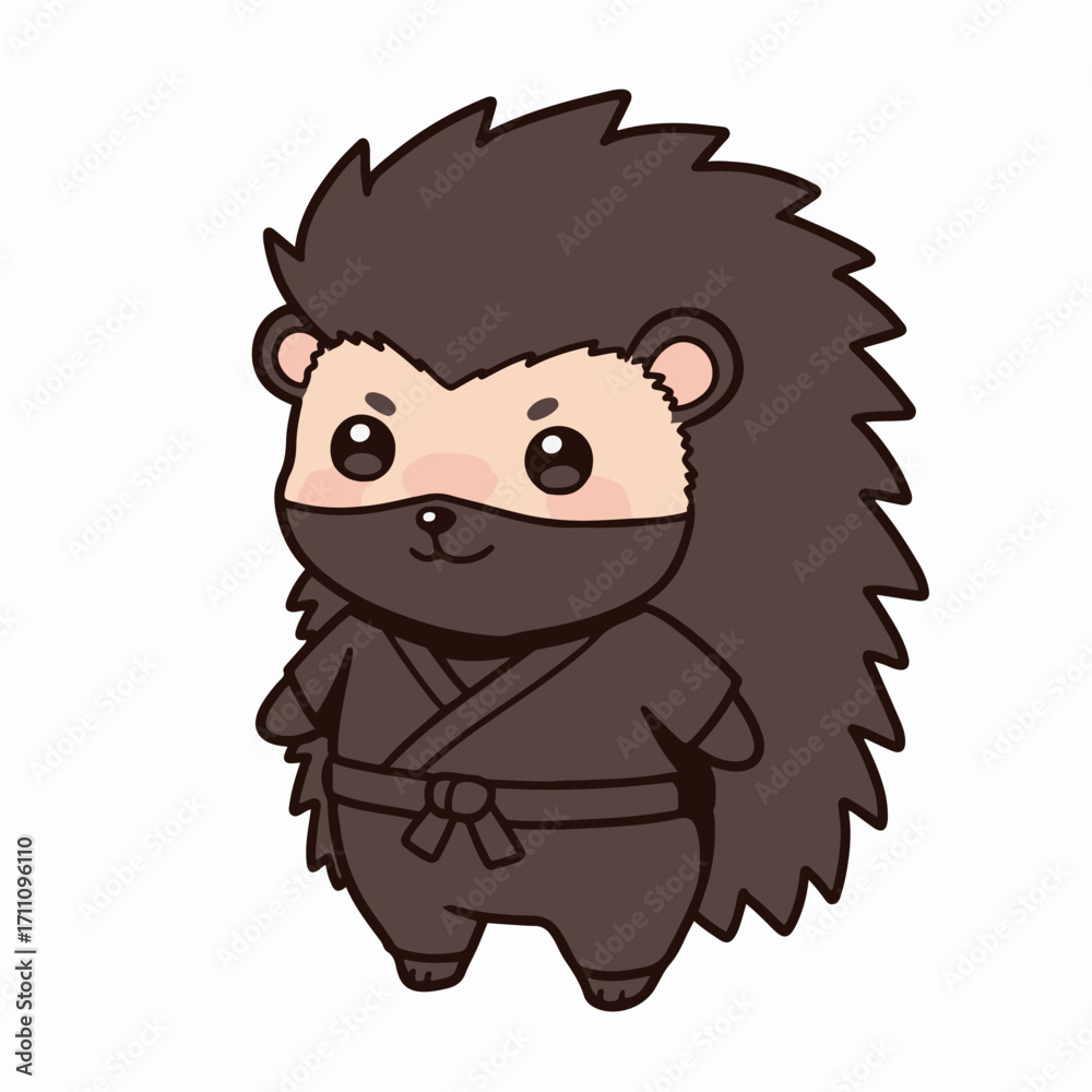 Obraz premium A cute cartoon hedgehog dressed as a ninja, wearing a black gi and mask, standing with its arms at its sides.