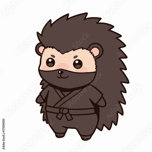 A cute cartoon hedgehog dressed as a ninja, wearing a black gi and mask, standing with its arms at its sides.