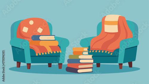 A pair of comfy armchairs with knit blankets draped over them surrounded by stacks of magazines.