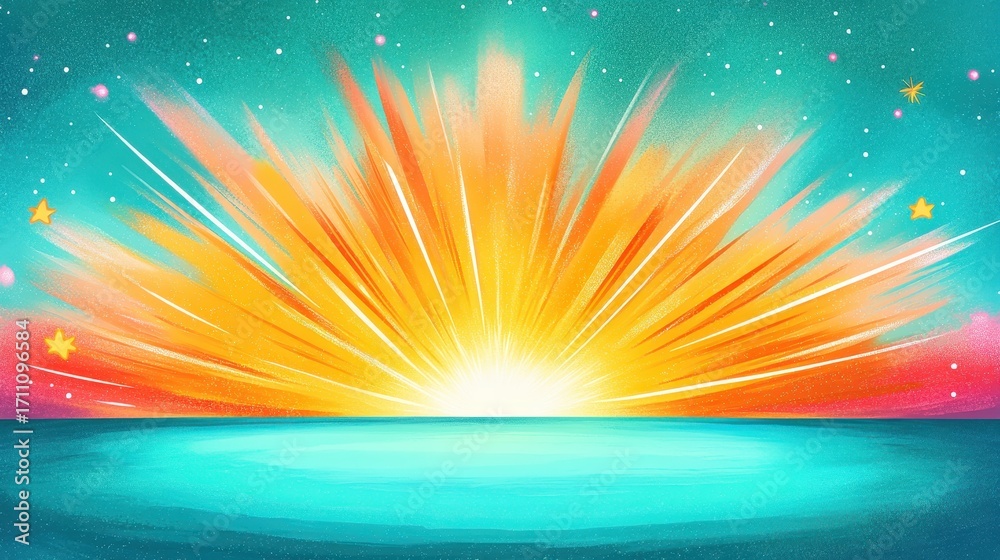 Obraz premium Colorful abstract sunrise explosion burst illustration. Dawn energy burst. Light and ocean, digital art, radiance, bright sky, vibrant atmosphere, morning, fantasy, inspiration, illumination.