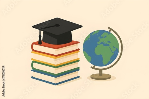 Graduation cap on a stack of books and a globe.
