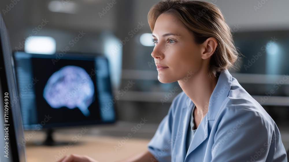 Fototapeta premium A software technician uses an PC for AI brain simulations on a generic research interface coding neural networks screens showing human like data processing a high tech