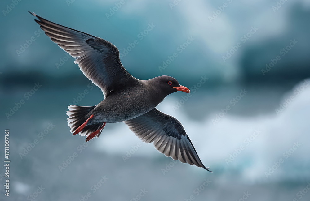 Obraz premium Antarctic petrel bird flies over cold ocean water. Dark grey seabird with orange beak and red legs soaring on wide wingspan, wingtips spread, graceful flight.