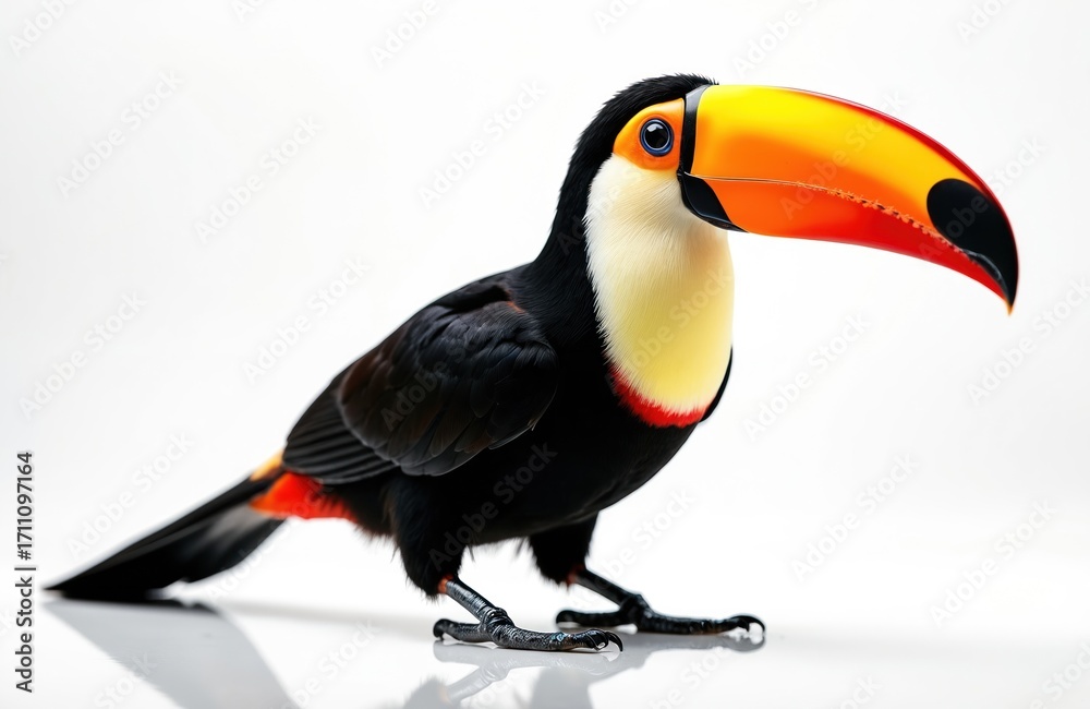 Naklejka premium Toco toucan bird with large colorful beak stands on white studio background. Exotic animal with black orange yellow plumage shows natural beauty for nature media.