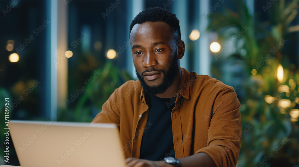Naklejka premium A Black male freelancer at home uses an AI chatbot on an laptop generating ideas with text prompts on a generic assistant UI a cozy apartment with plants screens glowing with