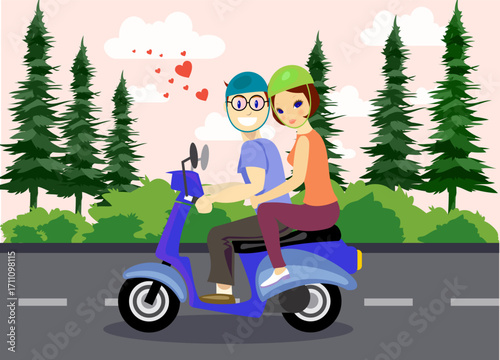 Romantic couple riding motorbike with heart icons, colorful cartoon illustration.ai